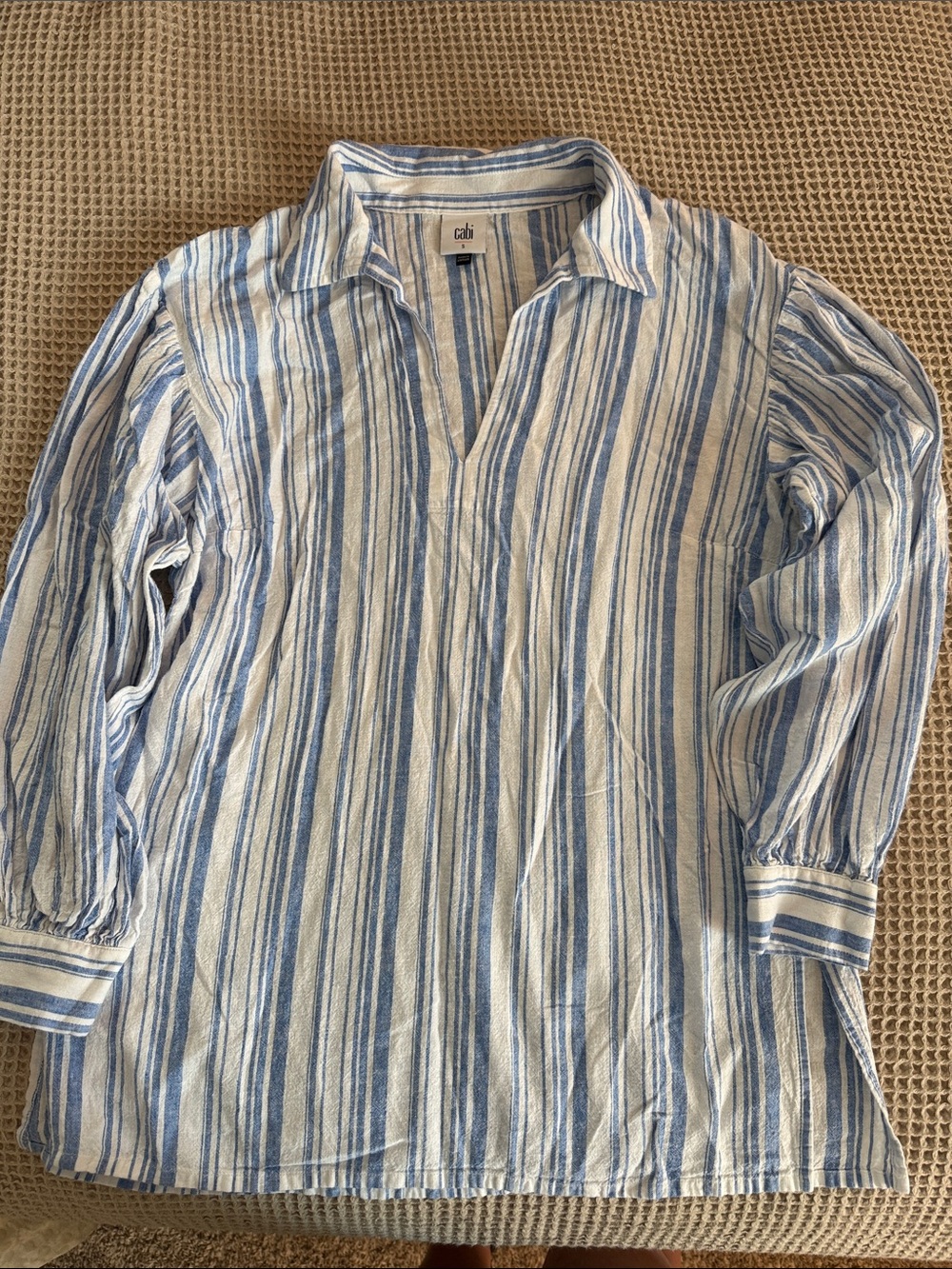 CAbi Blue & White Striped Linen Tunic Blouse
